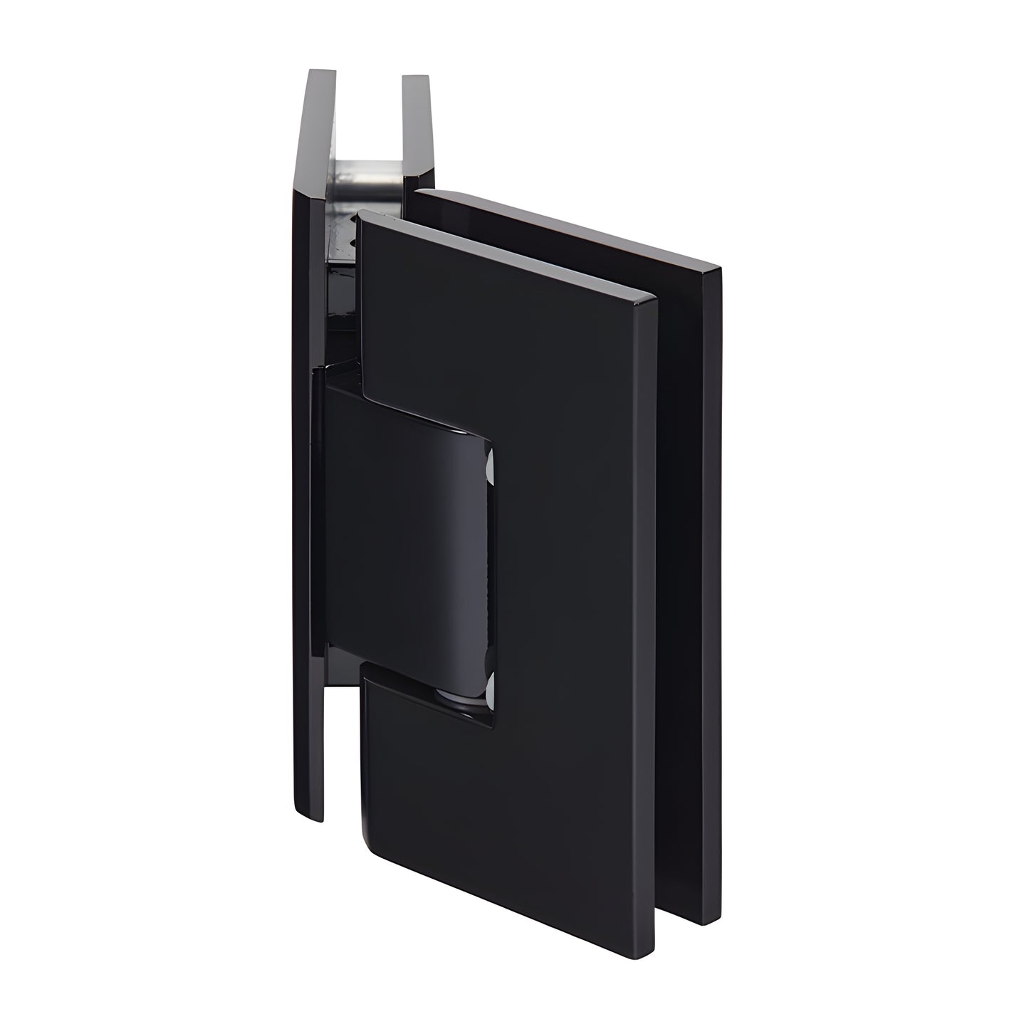Gloss black solid brass 135 glass-to-glass squared shower hinge, SKU V1E045BL