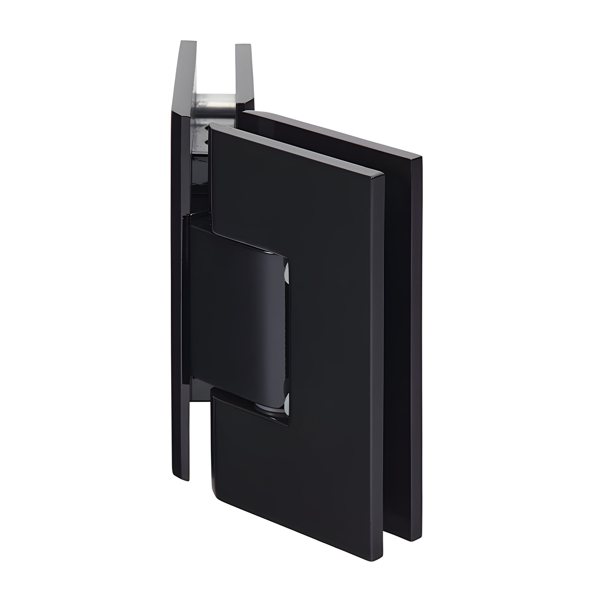 Gloss black solid brass 135 glass-to-glass squared shower hinge, SKU V1E045BL