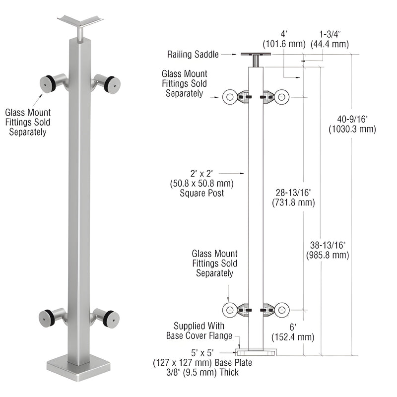 P142LBS stainless 2"x2" surface-mounted square post railing kit with 5"x5" base plate and top saddle; glass fittings sold sep