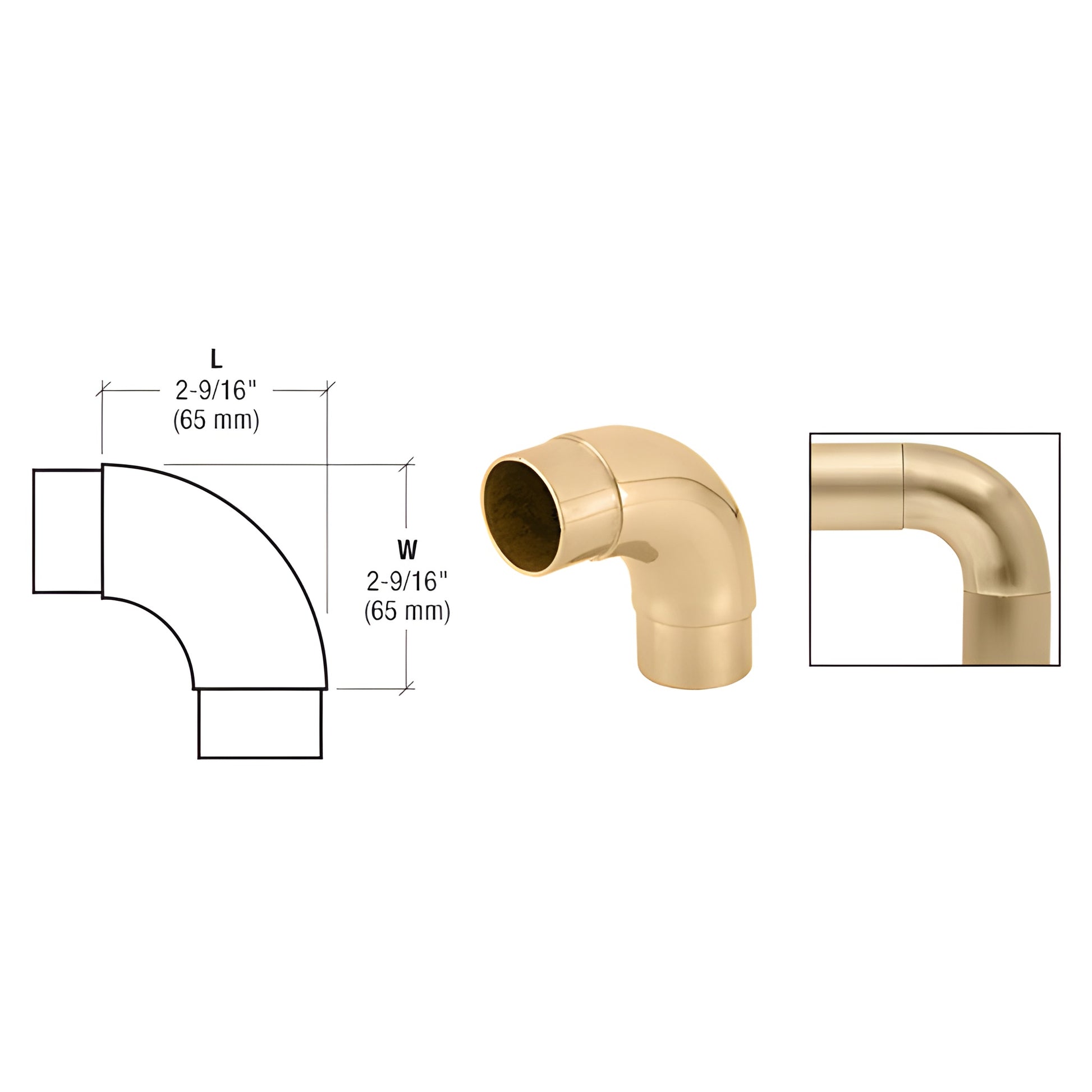 HR15CPB polished brass 90 radius corner fitting for HR15 handrail tubing, 2-9/16" (65 mm).