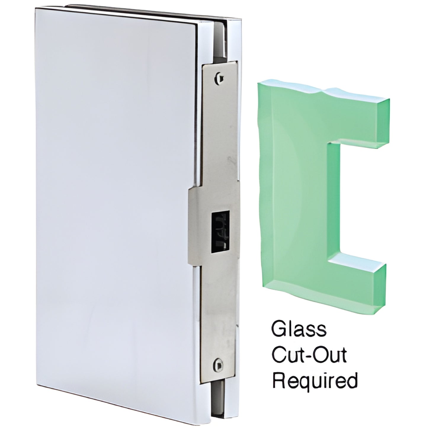 DLK610PS polished stainless steel 6x10 center lock keeper for 1/2" glass, bolt-on, shown with glass cut-out