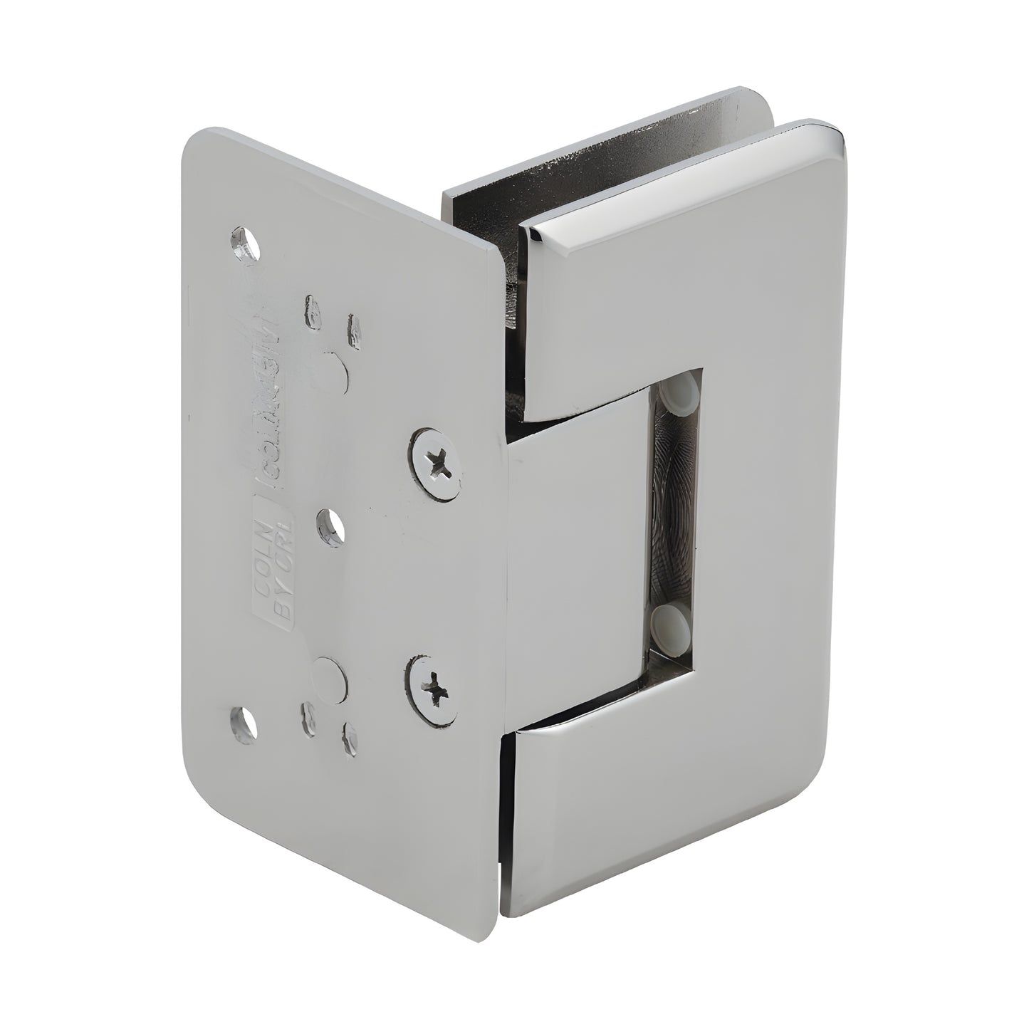 Polished nickel Cologne shower door hinge (brass) for 3/8-1/2" glass, offset wall-mount, SKU C0L044PN