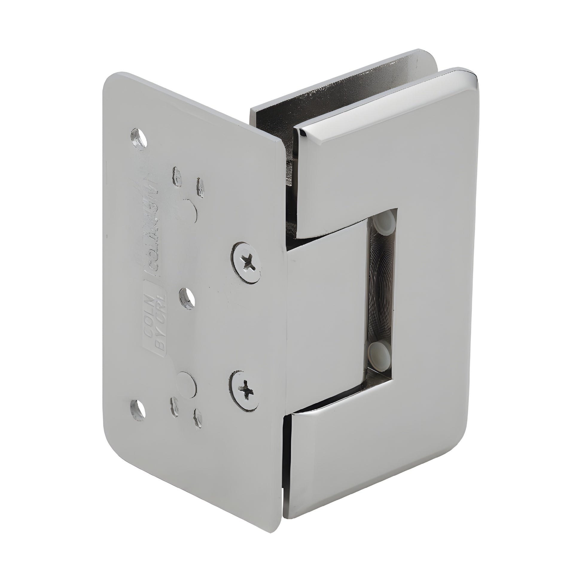 Polished nickel Cologne shower door hinge (brass) for 3/8-1/2" glass, offset wall-mount, SKU C0L044PN