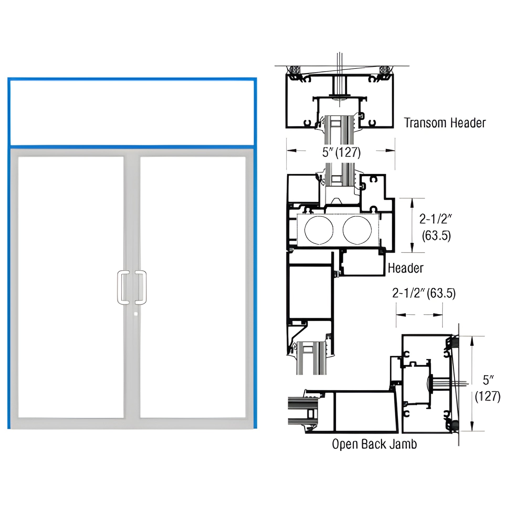 Custom Kynar transom door frame (SKU 0F92971) for paired hurricane impact doors, blue-outlined transom with technical section