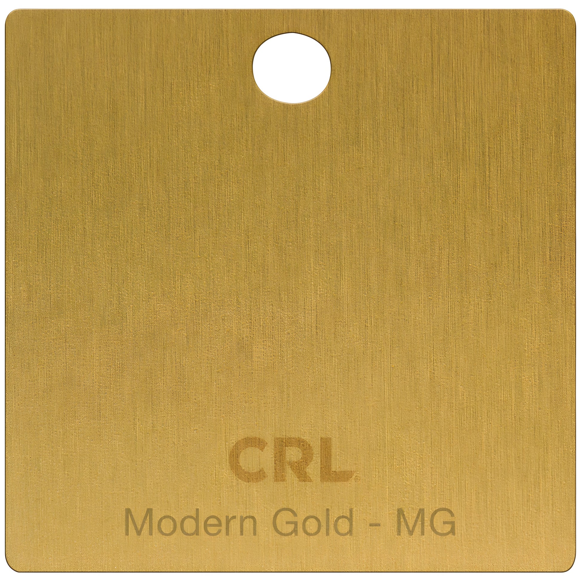 CH2PMG brass finish chip sample Modern Gold for shower door hinges, rectangular with hole and CRL logo.