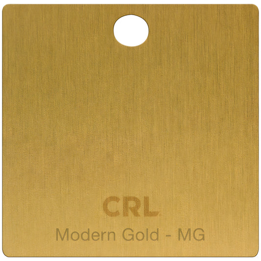 CH2PMG brass finish chip sample Modern Gold for shower door hinges, rectangular with hole and CRL logo.
