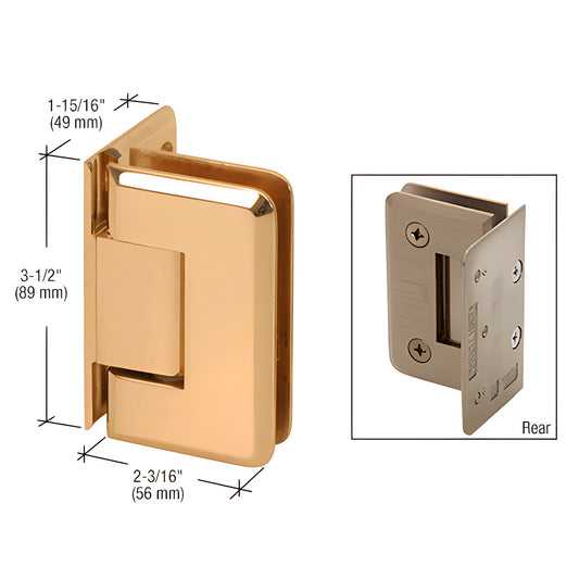 Gold-plated brass Pinnacle shower glass hinge (SKU P1N044GP), beveled edge, wall-mount, 3-1/2" x 2-3/16", reversible pivot.