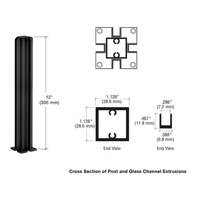 CRL Design Series 4-way semi-gloss black aluminum partition post, 12 in. high, 1-1/8 in. square for 1/4 in. glass SKU D990BL1