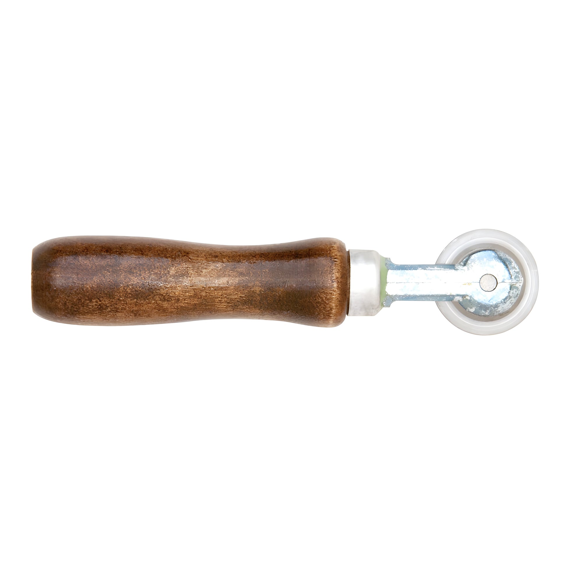 Concave steel edge roller SKU 27K1 - finished wood contoured handle, 1.5 in steel wheel for screen spline installation.