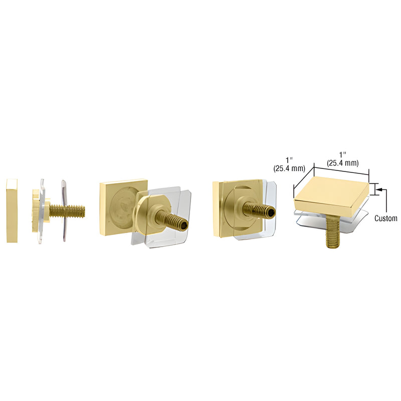 SCAP1CSB satin brass 1" square standoff cap assembly, exploded view with secondary cap, allen screw and washers.