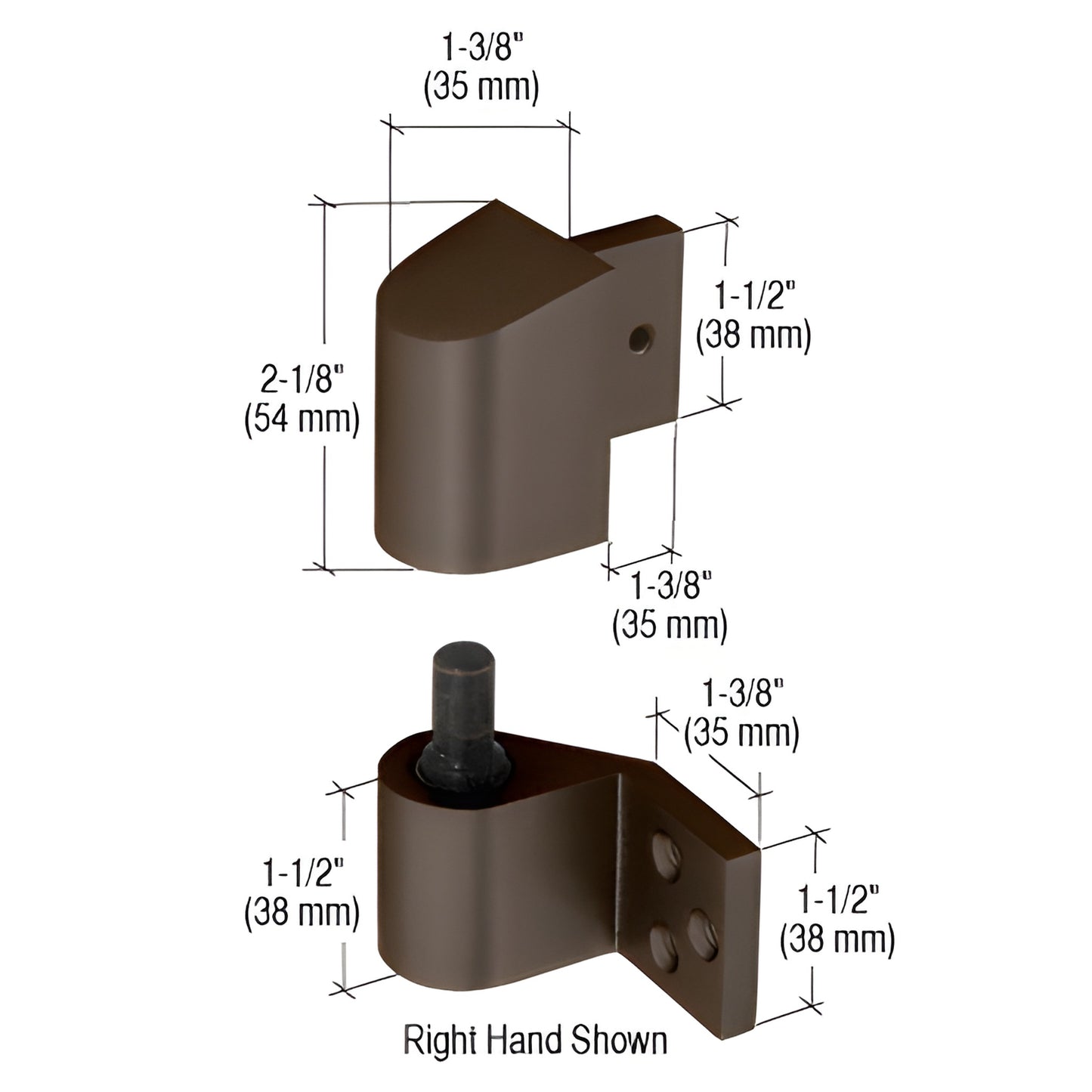 CRL DH02222R dark bronze right-hand intermediate pivot for U.S. aluminum doors, dimensional drawing.