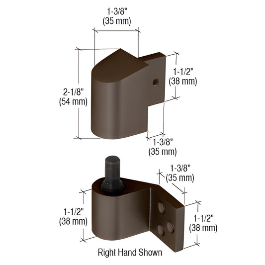 CRL DH02222R dark bronze right-hand intermediate pivot for U.S. aluminum doors, dimensional drawing.
