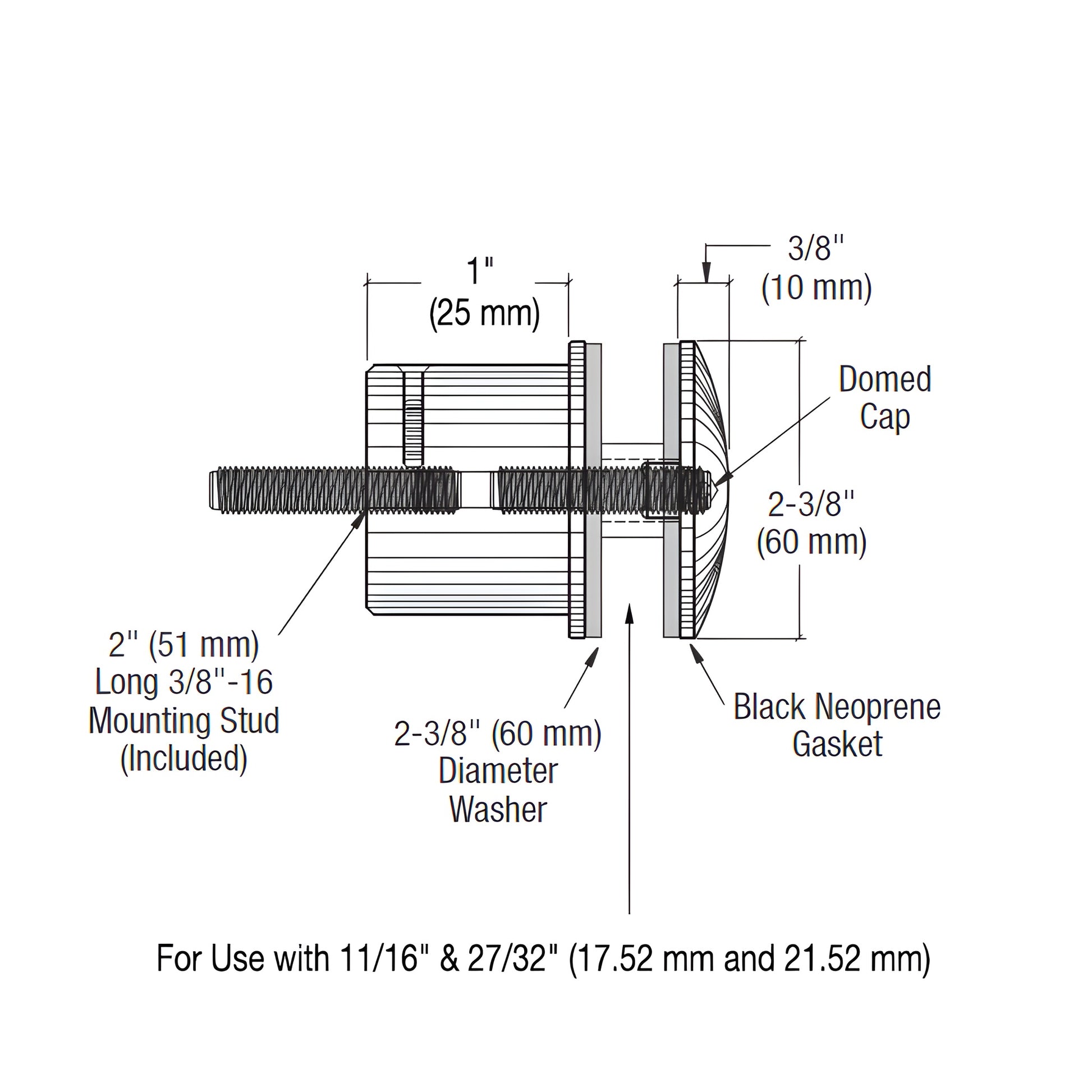 Polished 316 stainless steel glass standoff RS0B215PS, 2 in. diameter, 1 in. projection