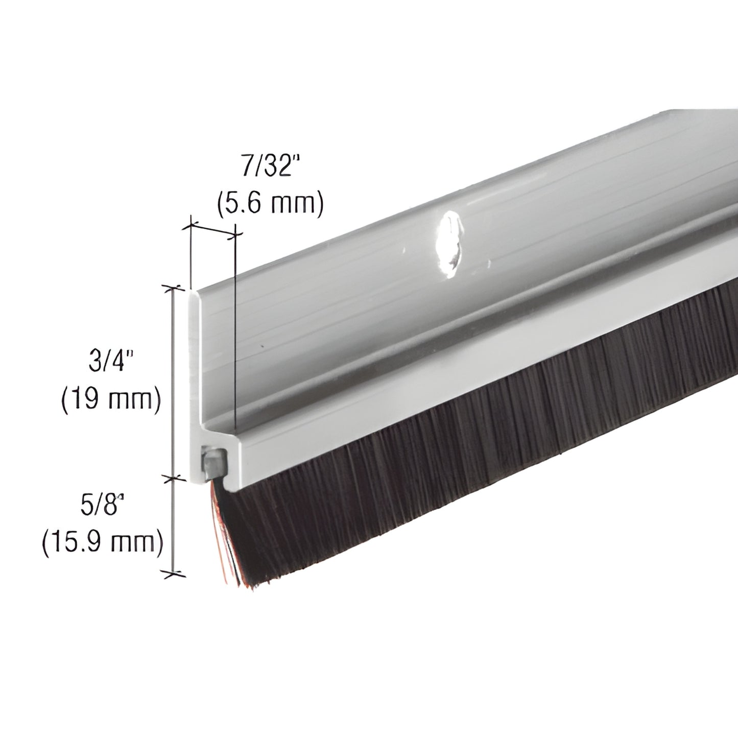 Aluminum 72 in door sweep with 5/8 in nylon brush weatherstrip, extruded profile. SKU WS377AV72