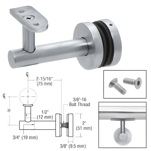 CRL HR2EGMA glass-mounted aluminum handrail bracket, mill finish; holds 1-1/2"-2" tubing, 75mm projection, needs 3/4" glass h