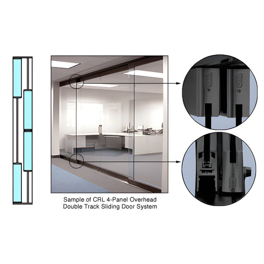 CRL 4-panel overhead double-track bi-part sliding glass door system, gloss black finish, flush low-profile threshold.