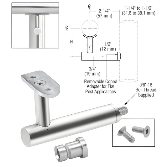 316 stainless polished post-mounted handrail bracket SKU HR3EPPS, 2-1/4 in projection, fits 1.5-2 in tubing