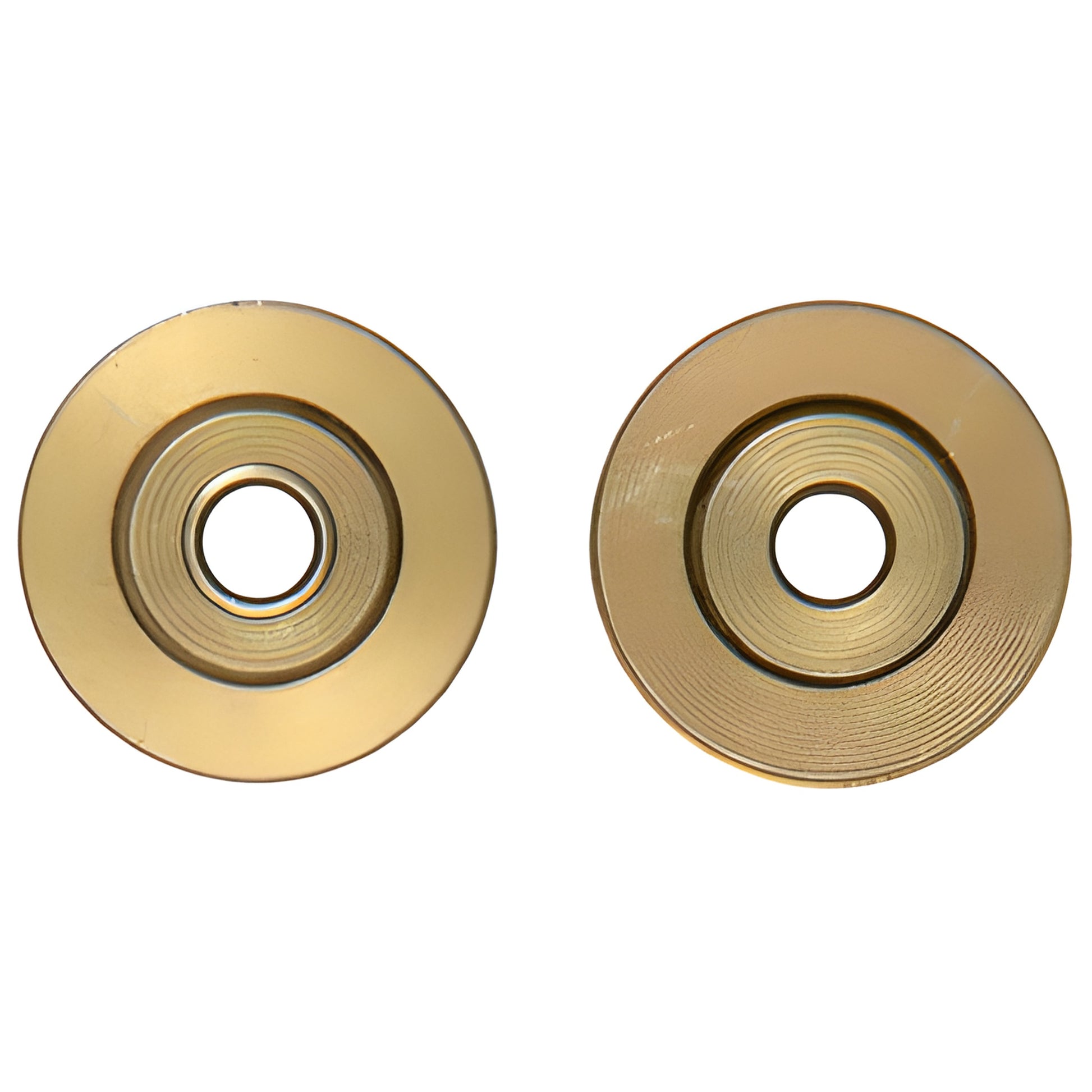 Pair of concave steel ball bearing patio door rollers, 1/4" bore, gold finish. SKU D1795
