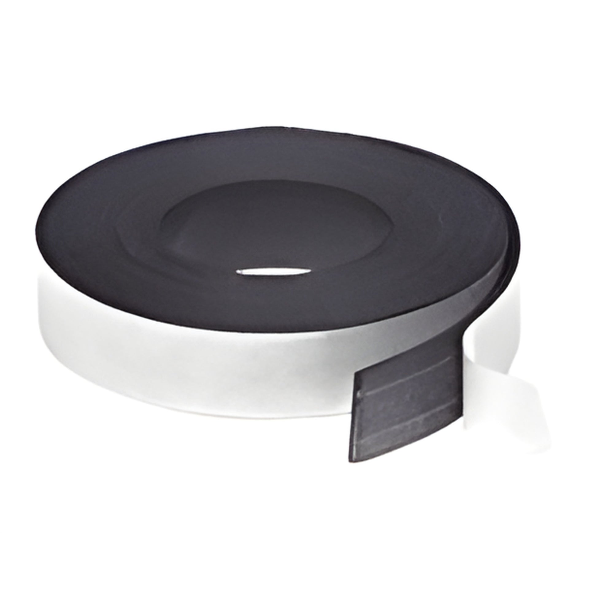Roll of black adhesive magnetic tape with white peel-off liner, 1/2 in wide. SKU M11598