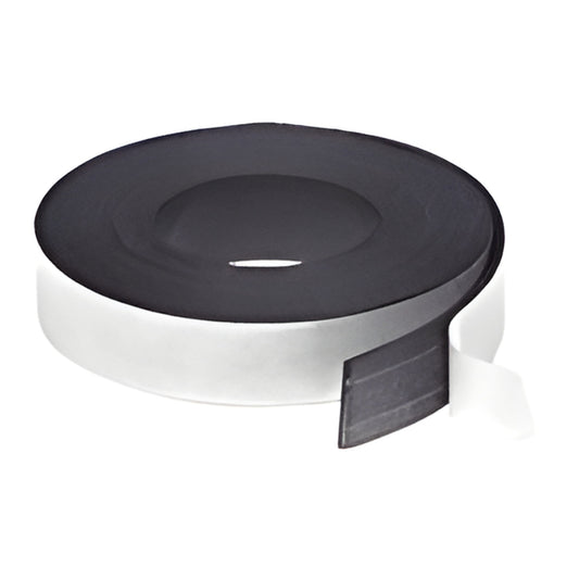 Roll of black adhesive magnetic tape with white peel-off liner, 1/2 in wide. SKU M11598