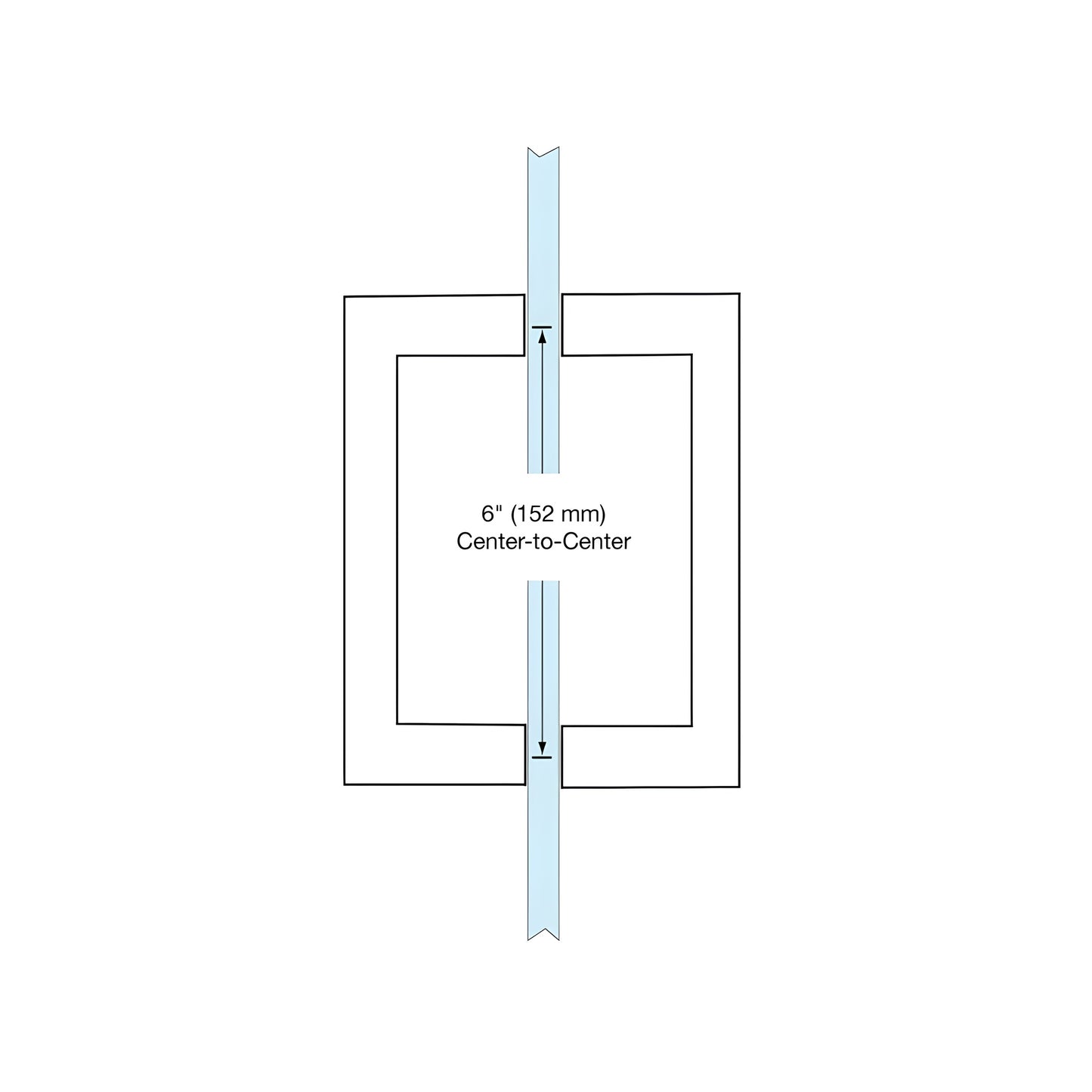 Polished brass square-corner back-to-back glass pull handle, 6" center spacing (SKU SQ6X6BR)