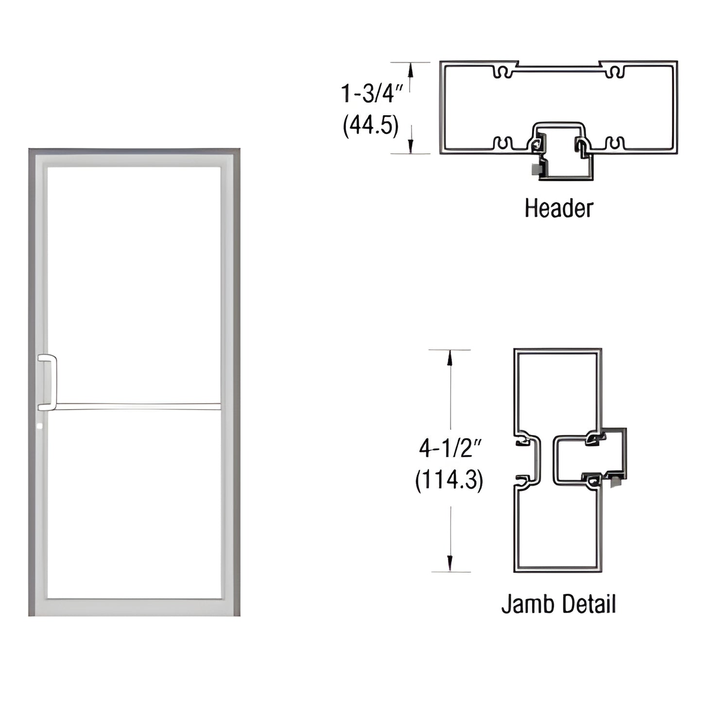 FR41511 clear anodized aluminum complete 36x84" butt-hinge door frame with aluminum threshold; header and 4-1/2" jamb detail.