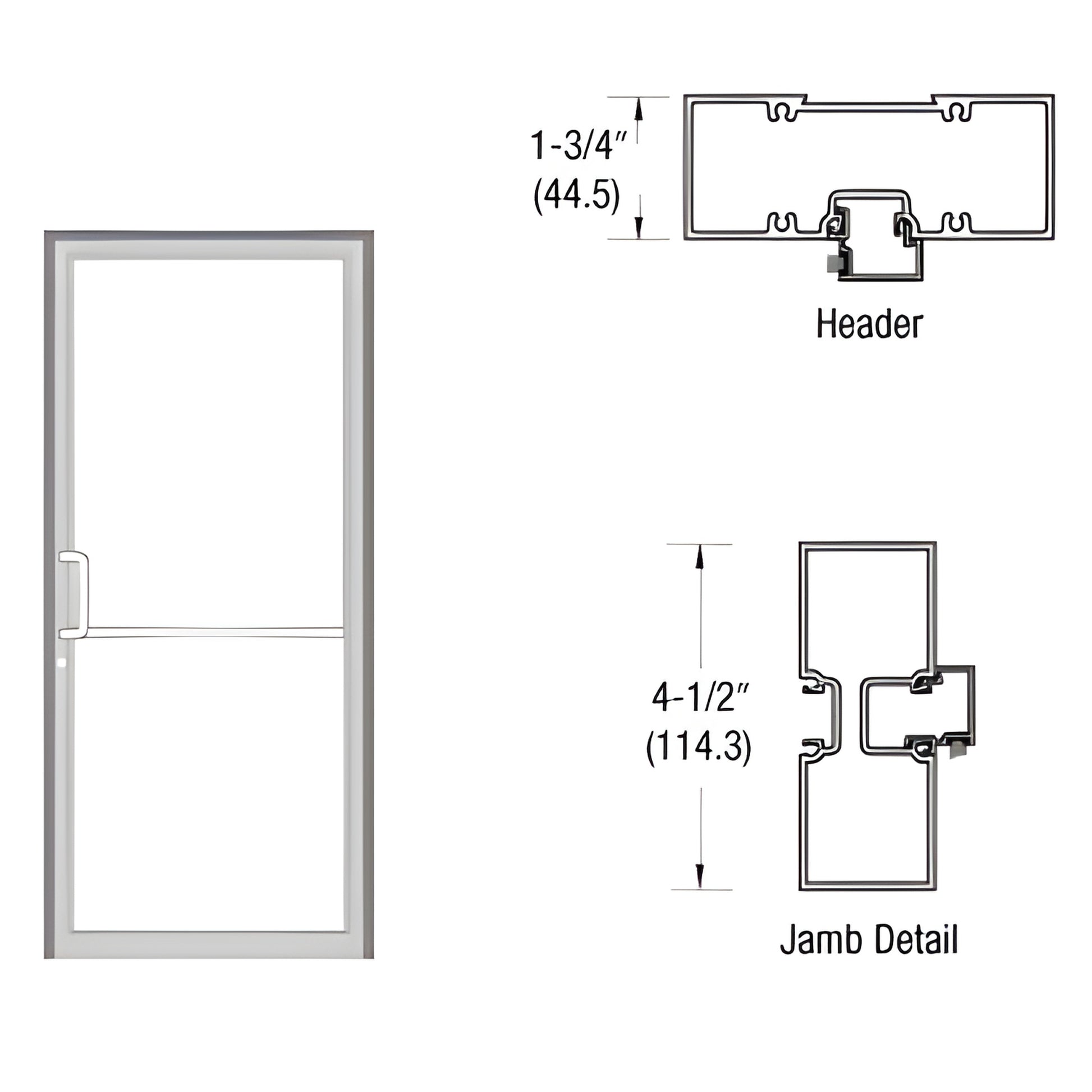 FR41511 clear anodized aluminum complete 36x84" butt-hinge door frame with aluminum threshold; header and 4-1/2" jamb detail.
