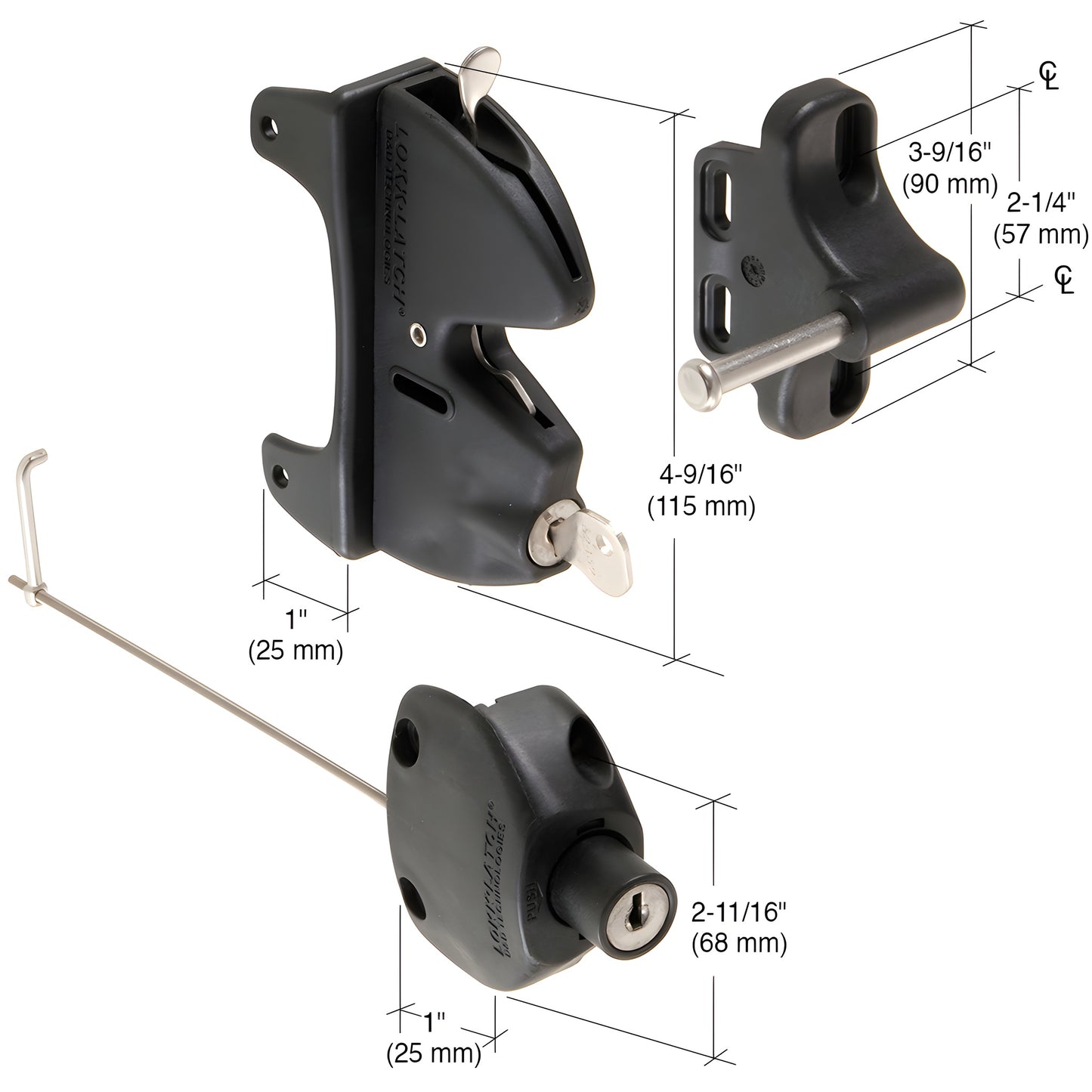 Black CRL Lokk-Latch gate kit SKU LLA2BL - polymer keyed push-button self-latching latch, strike and rod.