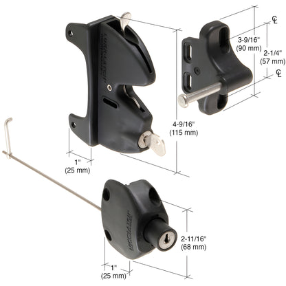Black CRL Lokk-Latch gate kit SKU LLA2BL - polymer keyed push-button self-latching latch, strike and rod.