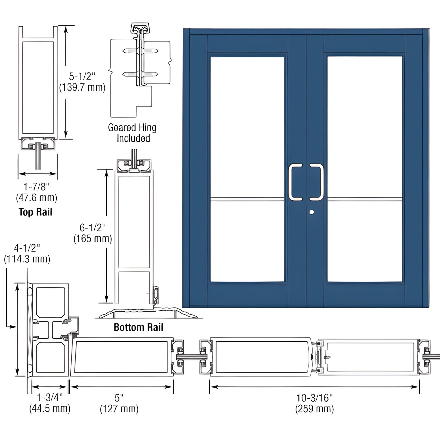 Blue Custom Kynar Durafront WS double entrance door with glass lites, ADA bottom rail. SKU DC92871