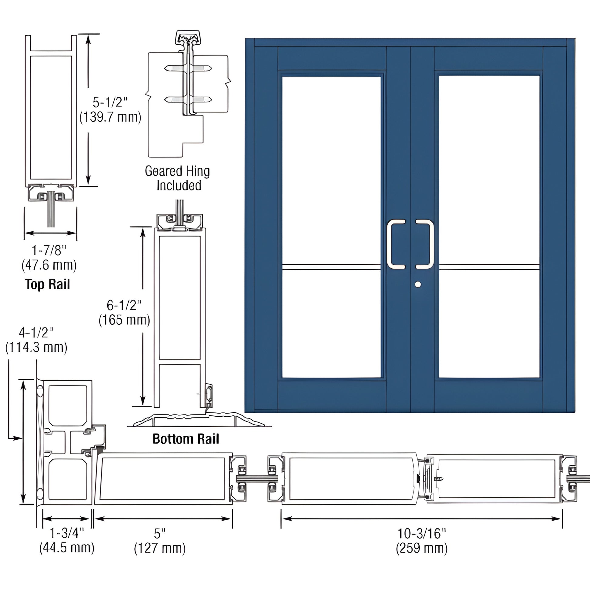 Blue Custom Kynar Durafront WS double entrance door with glass lites, ADA bottom rail. SKU DC92871