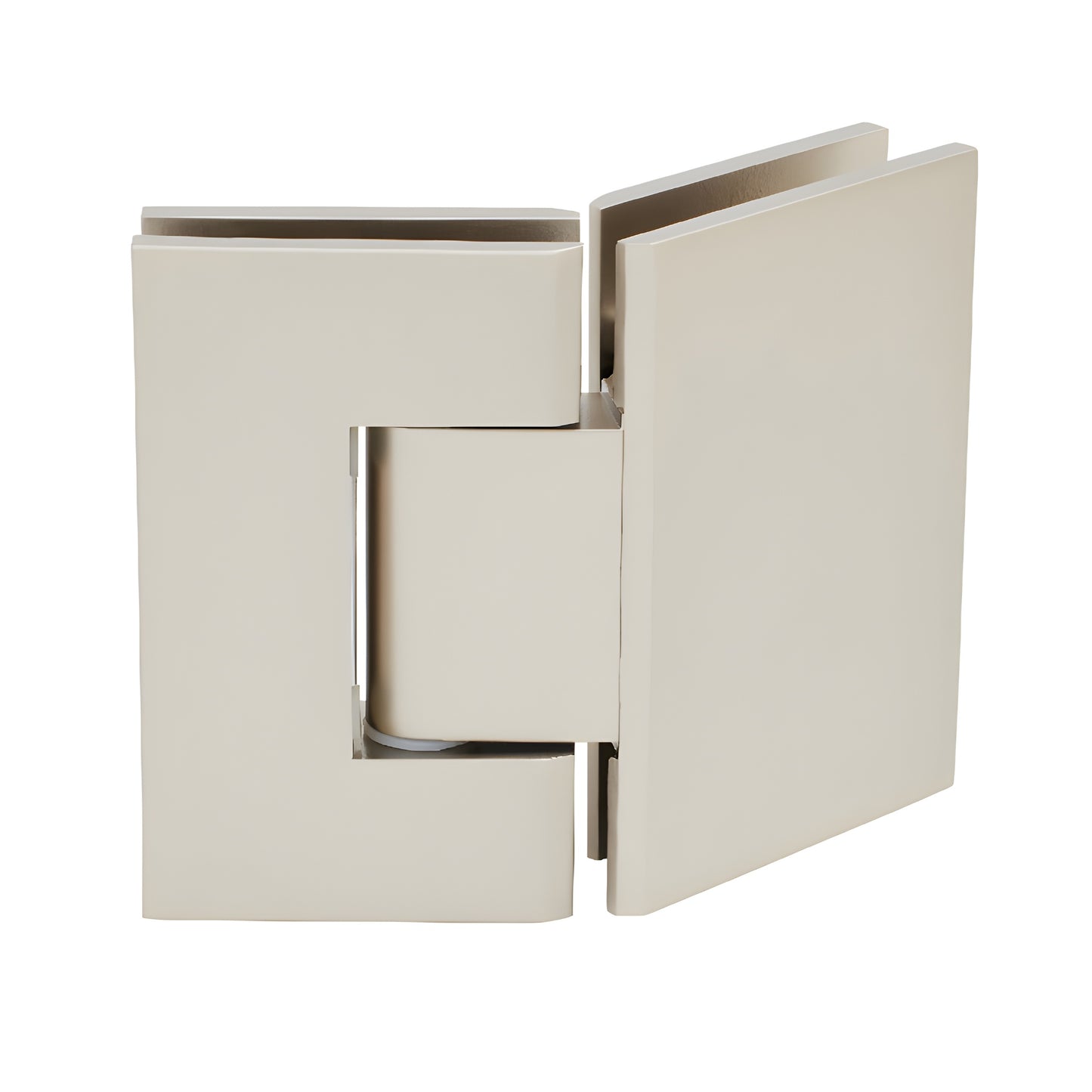 GEN045SN satin nickel square glass-to-glass shower hinge, solid brass, self-centering 135 pivot for 8-12mm glass