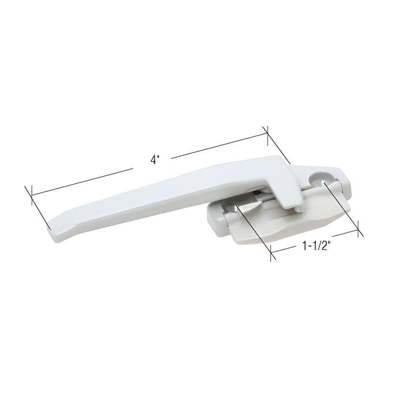 DS325W white left-hand cam handle with nylon wedge flap, 4in lever, 1-1/2in hole spacing.