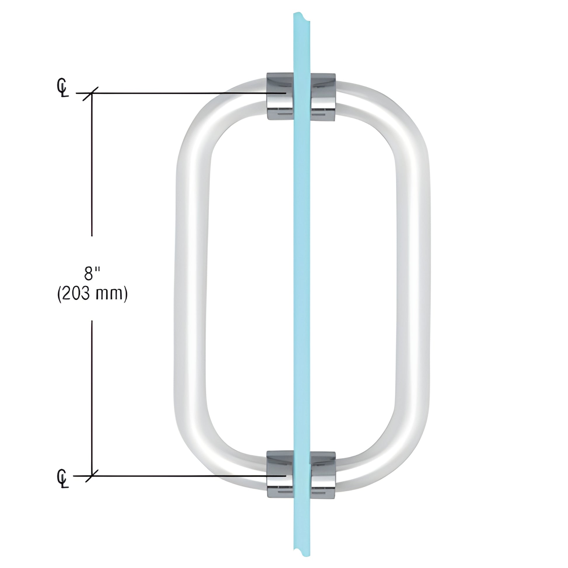 Clear 3/4" acrylic 8" back-to-back glass pull handle with polished chrome rings, fits 1/4-1/2" (6-12mm) glass - SKU CAP8X8CH