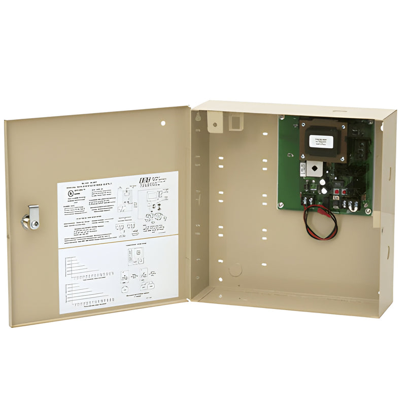 SDC PS632RFKL tan access-control power supply box open with key-lock cover, PCB, transformer, battery leads and wiring diagra