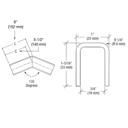 Brushed stainless steel 135 slip-fit horizontal corner for 1/2" or 5/8" glass railings (SKU GRL10H3BS)