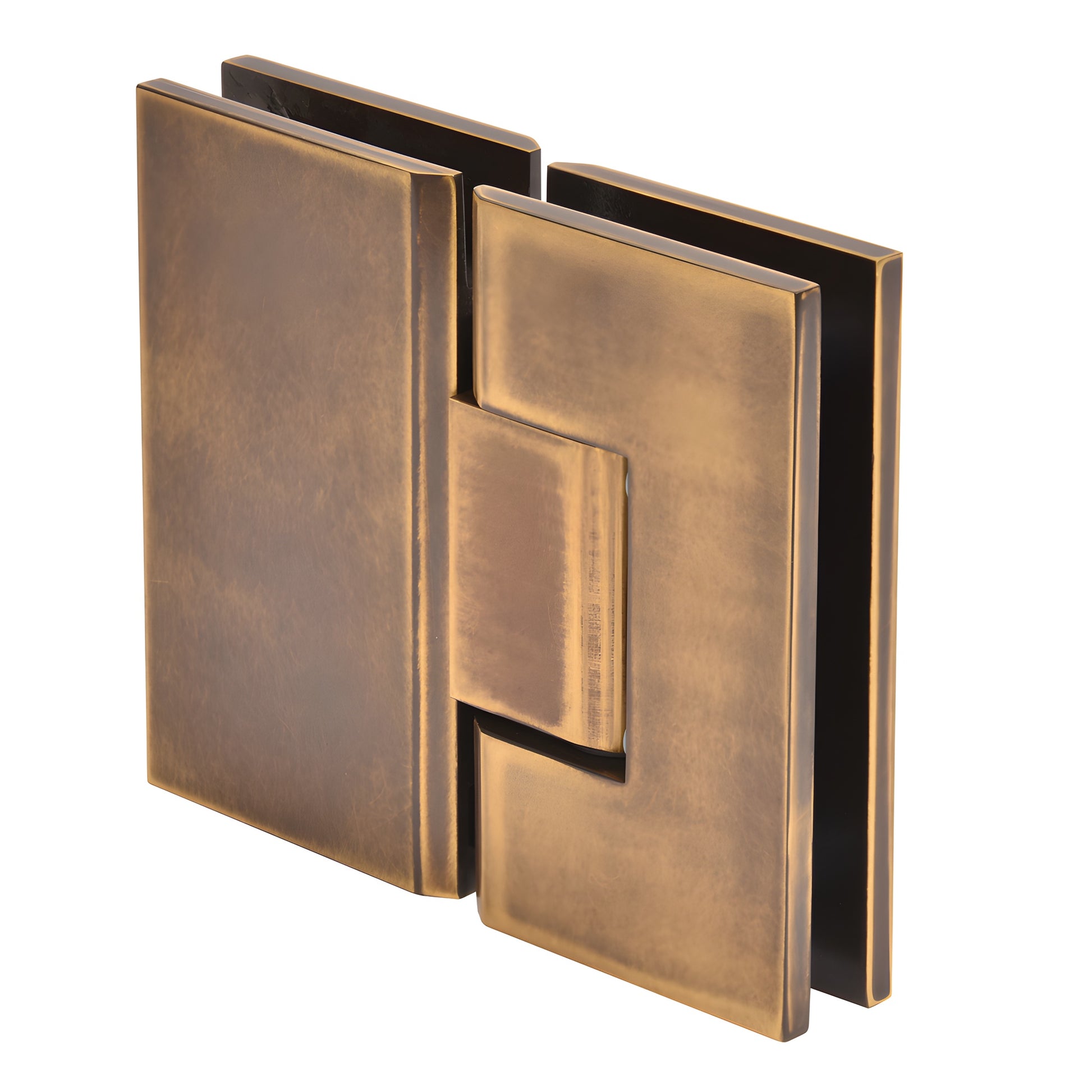 Vintage brass Vienna glass-to-glass shower hinge, square profile, fits 3/8-1/2" tempered glass (SKU V1E180VBR)