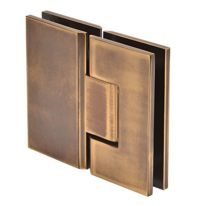 Vintage brass Vienna glass-to-glass shower hinge, square profile, fits 3/8-1/2" tempered glass (SKU V1E180VBR)