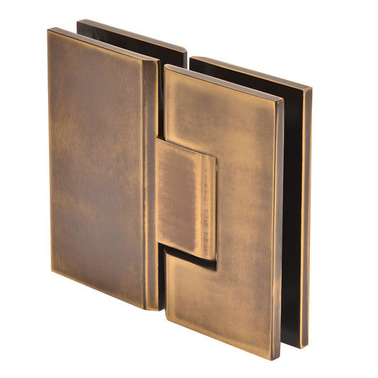 Vintage brass Vienna glass-to-glass shower hinge, square profile, fits 3/8-1/2" tempered glass (SKU V1E180VBR)