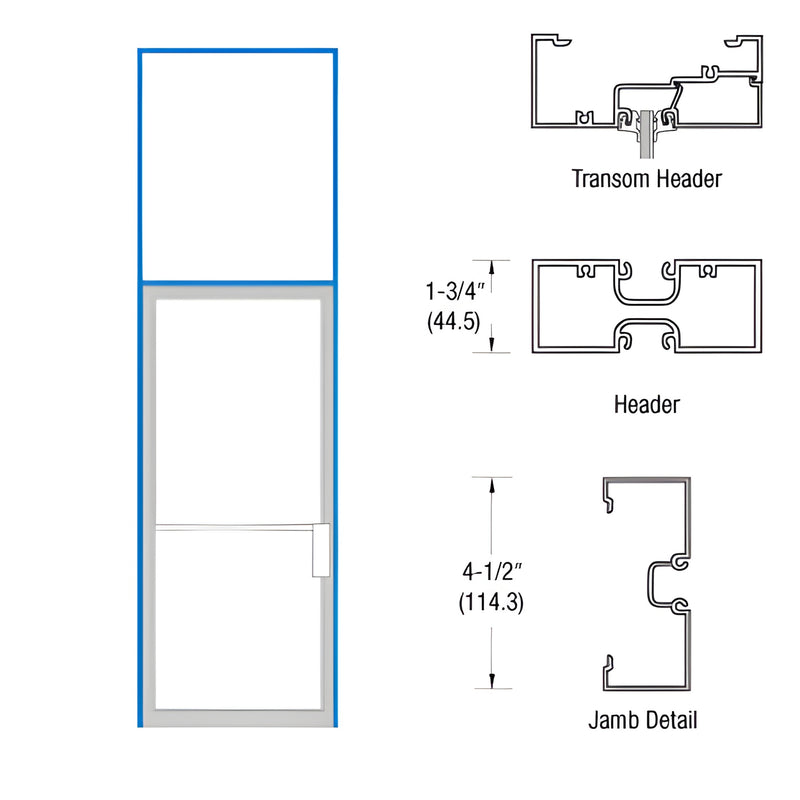 White Kynar transom frame with 36 84 hinge-right door and threshold, shown with header and jamb technical detail.