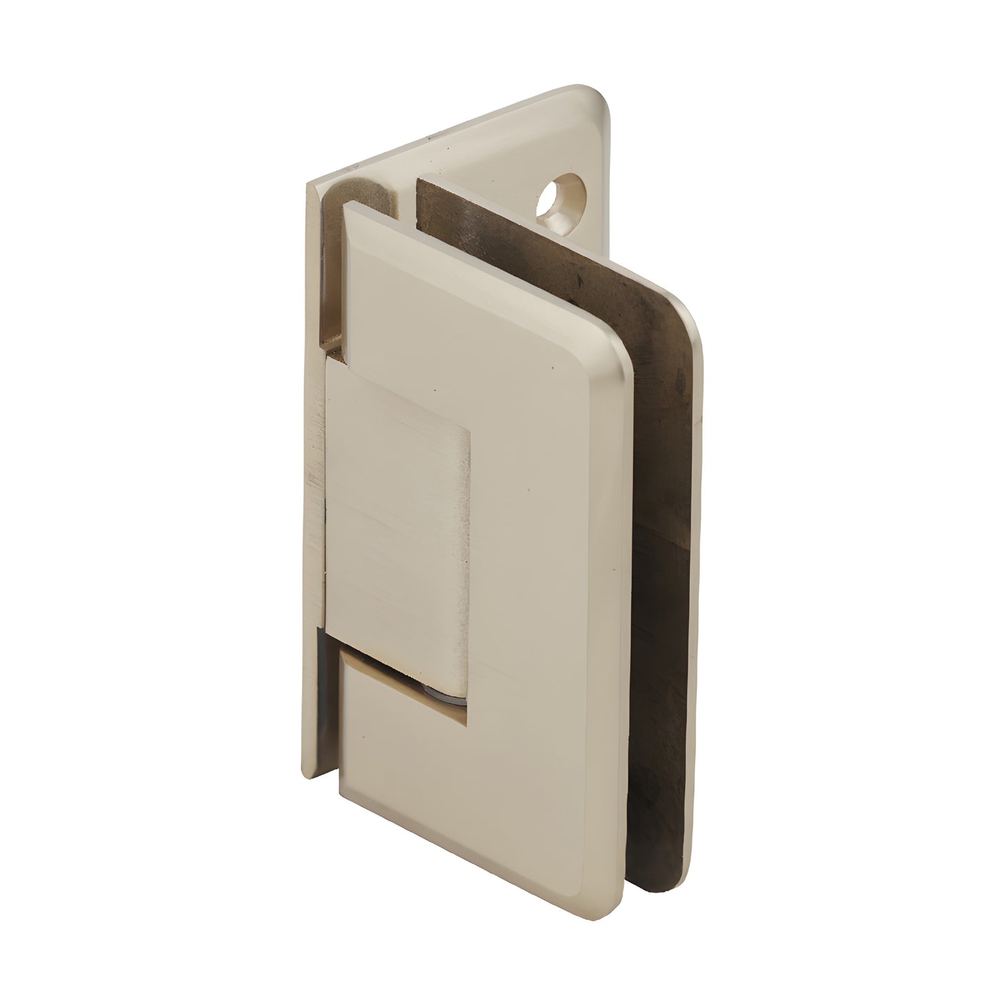 CRL Pinnacle satin brass offset wall-mount glass shower hinge, beveled edge, for 8-12mm tempered glass (SKU P1N044SB)