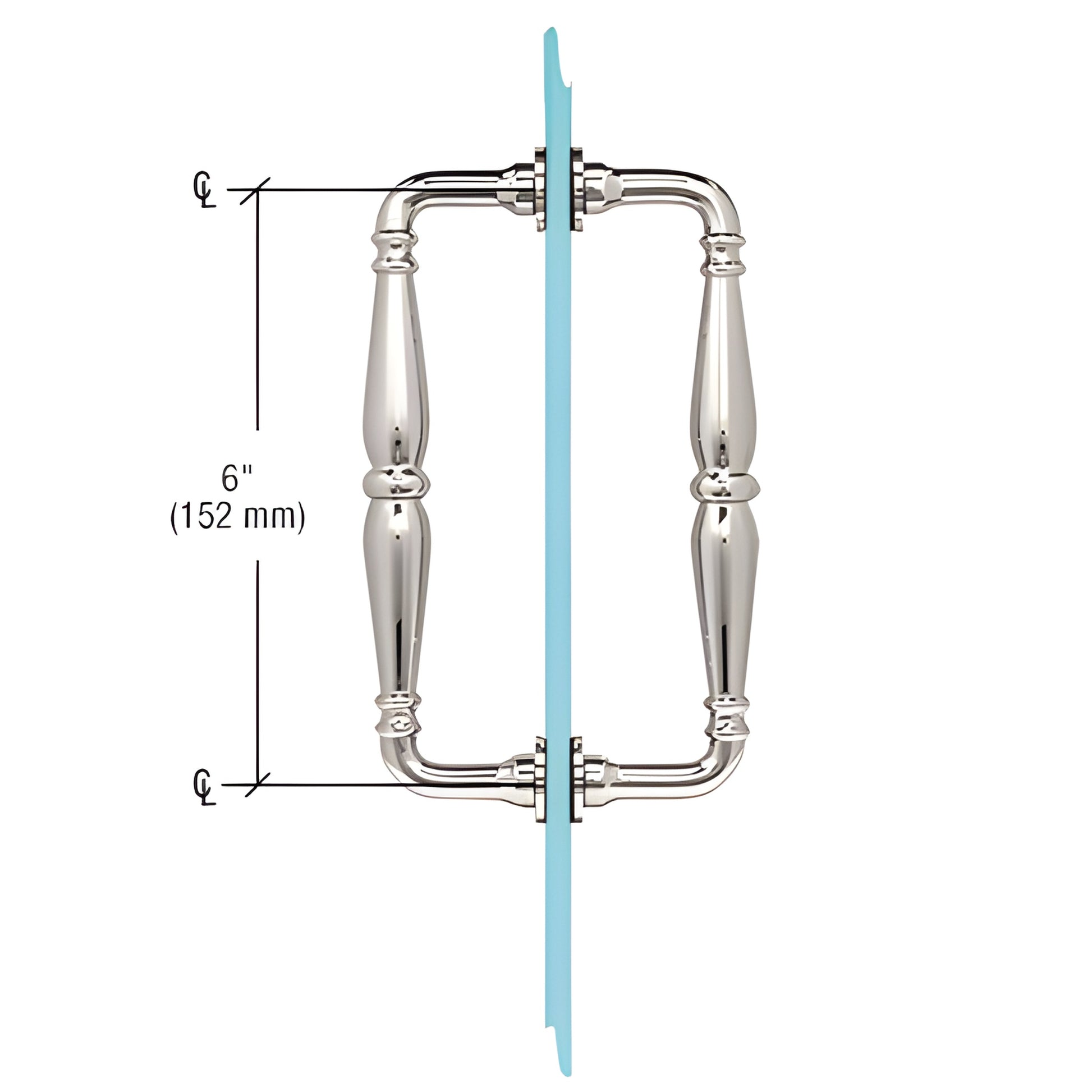 Polished nickel Victorian solid brass back to back pull handle for frameless glass doors, 6" c-c, fits 6-12 mm glass.