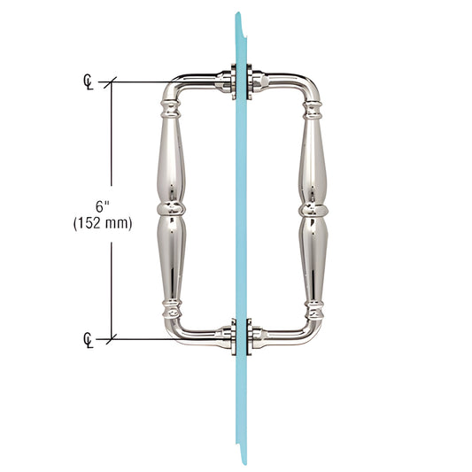 Polished nickel Victorian solid brass back to back pull handle for frameless glass doors, 6" c-c, fits 6-12 mm glass.