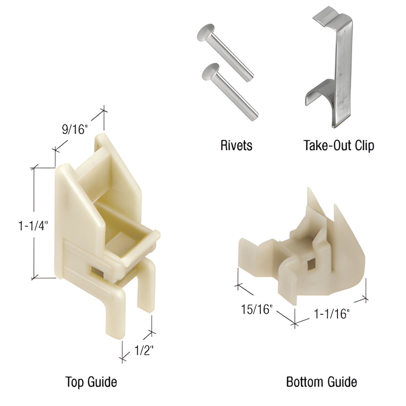 FS299B window channel balance repair kit, tan top and bottom nylon guides with two rivets and metal take-out clip.