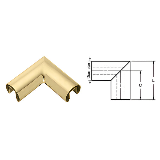 GR25HPB polished brass 90 welded cap-rail corner, 2-1/2 diameter, fits 1/2 or 5/8 glass for railing assemblies
