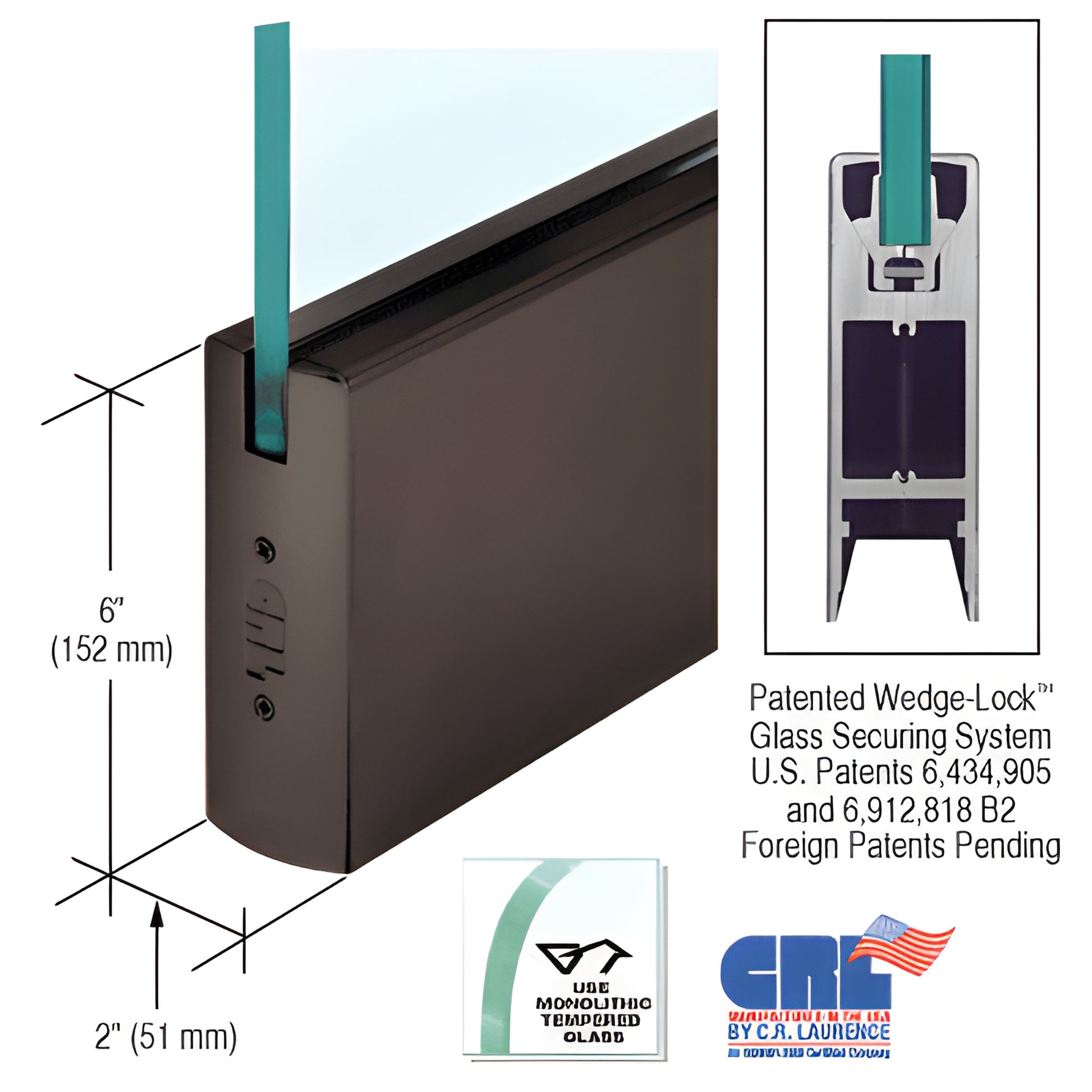 CRL Wedge-Lock door rail DR6SDU12S - black bronze anodized aluminum 6x2 in rail for 1/2 in glass, 35-3/4 in length