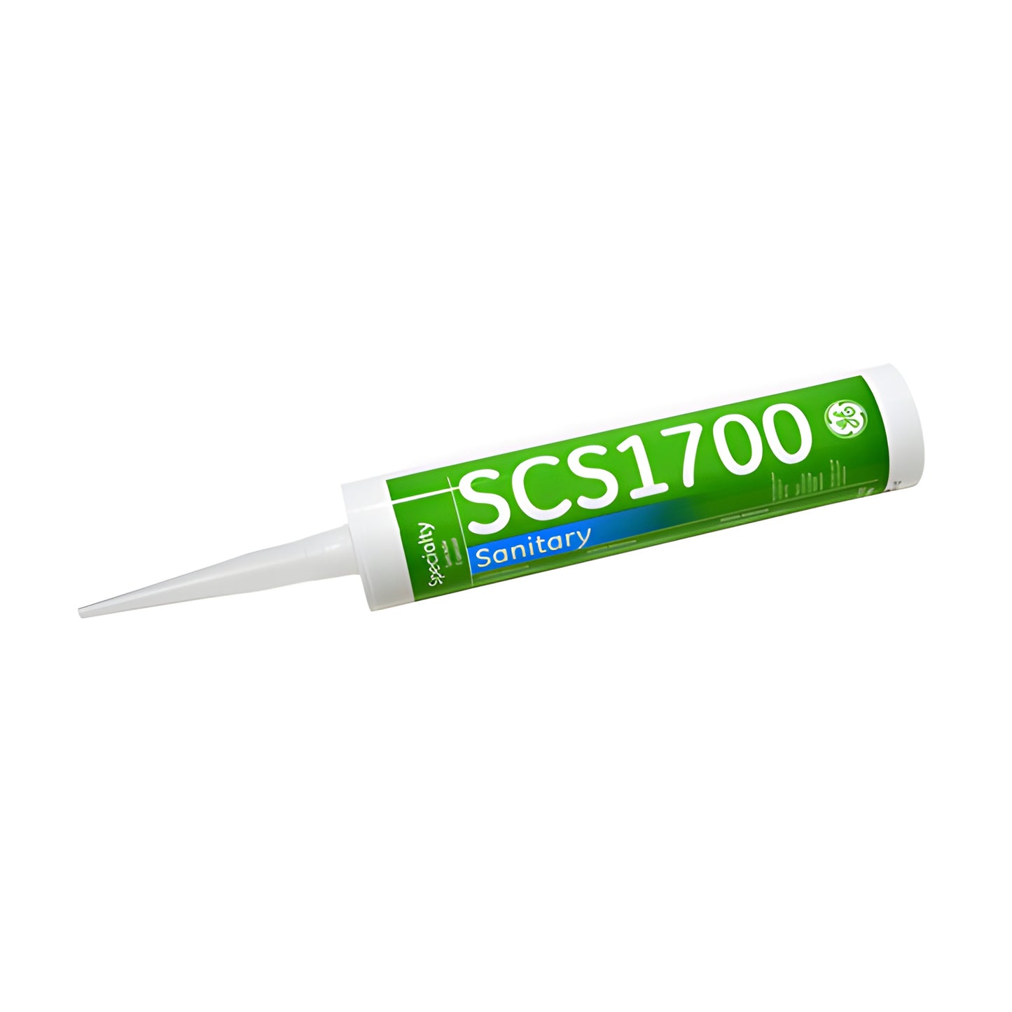 GE SCS1701 sanitary clear silicone sealant cartridge, 10.1 oz tube with green label and applicator nozzle