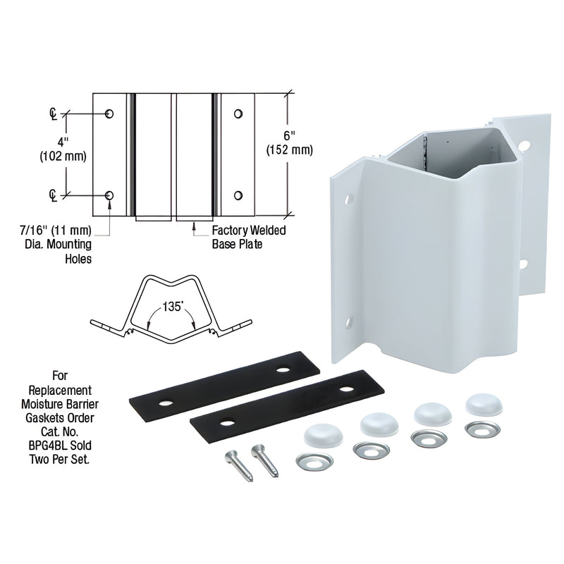 FB5M aluminum 135 outside fascia mount bracket (mill finish) for 2-3/8" posts, shown with gaskets, washers and screws.