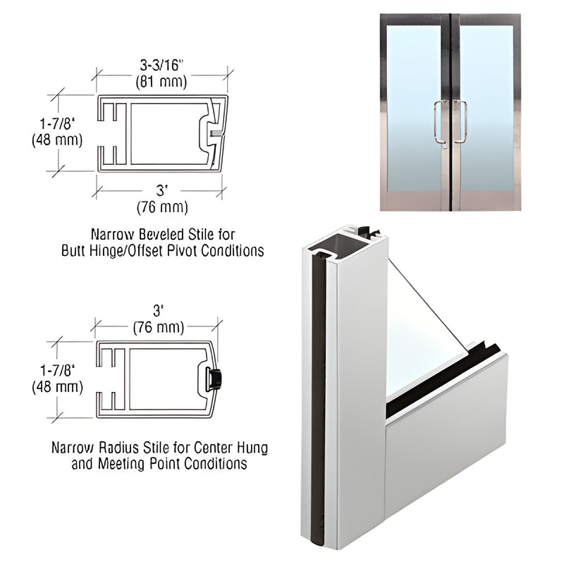 Satin anodized full-framed aluminum storefront door with profile cross-sections, SKU FFN1SA