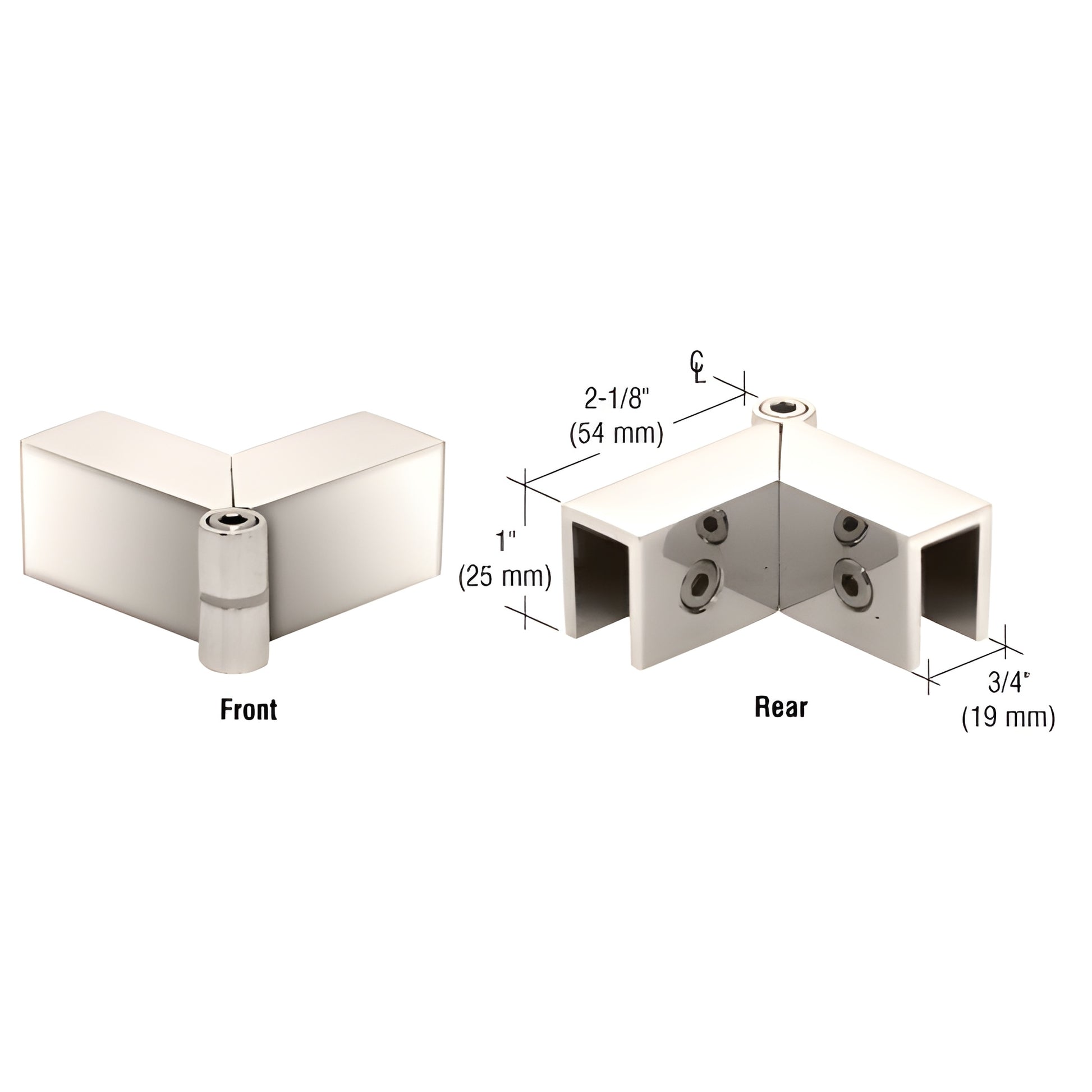 Polished nickel sleeve-over corner glass clamp, brass, fits 8-12mm glass, adjustable 90-180 , SKU S0GC91PN.